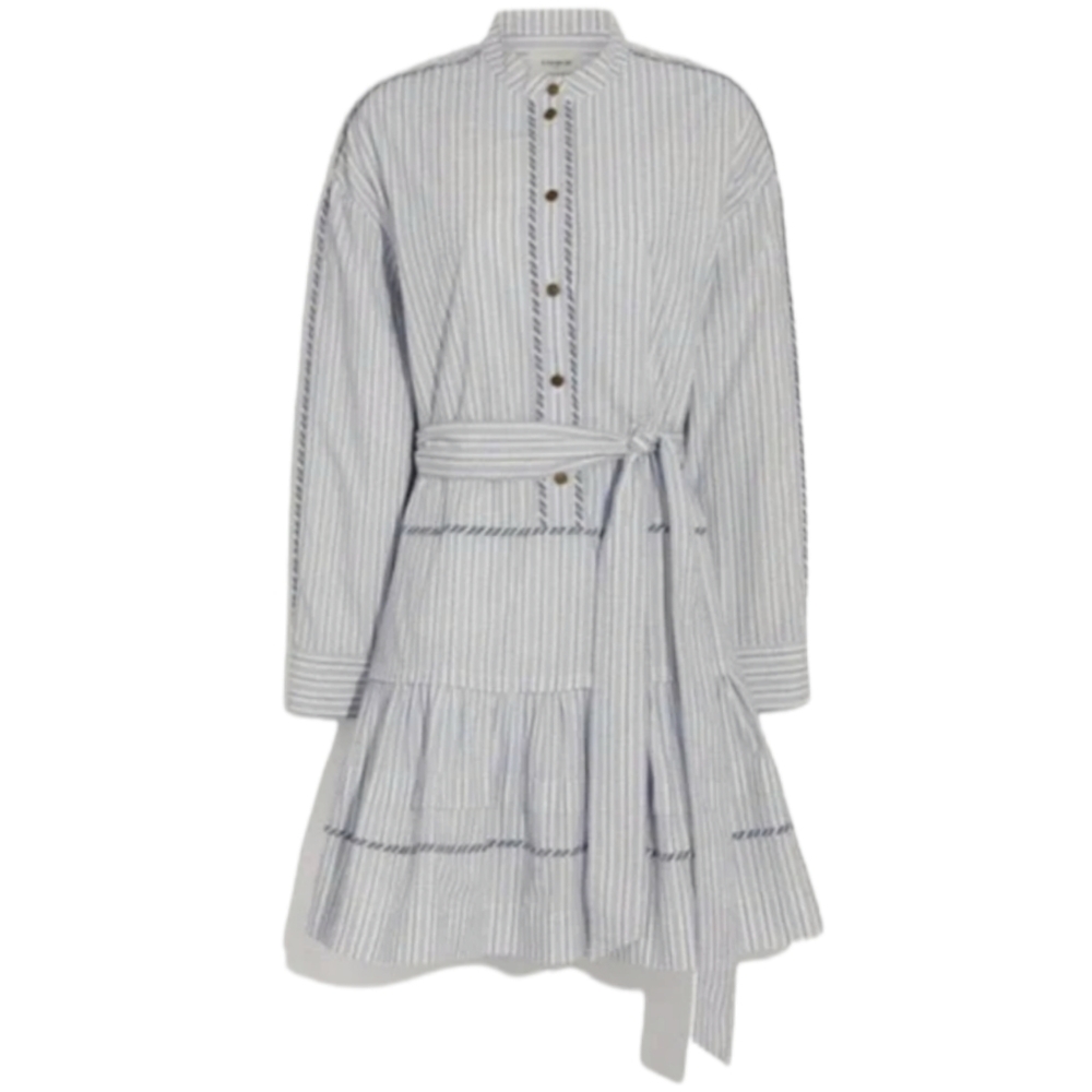 NWT Coach 1941 prairie Boho blue white striped shirt Dress ruffle SZ 8 - Picture 2 of 8